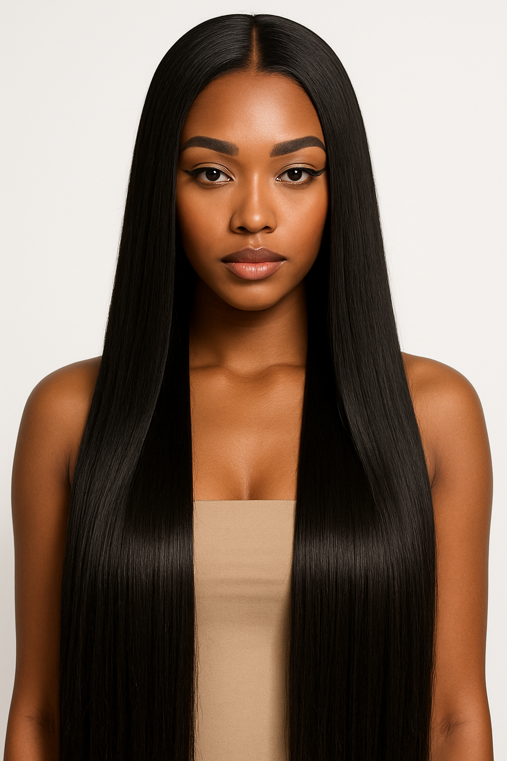 Model with a bone-straight black wig